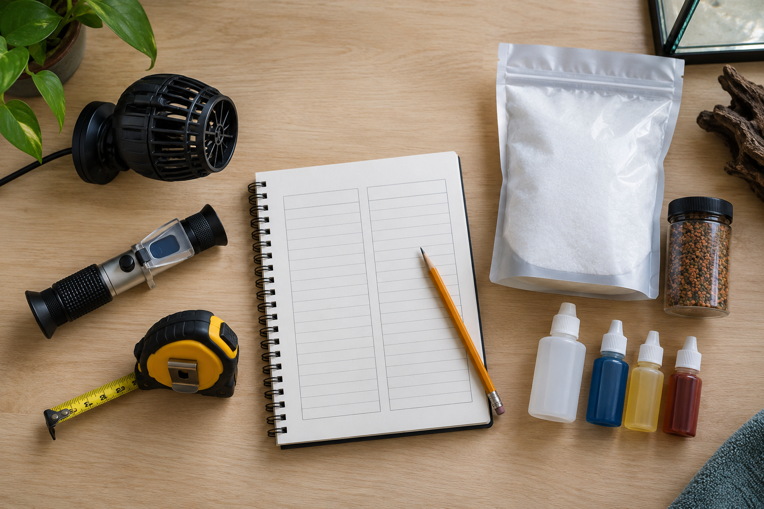 Escena generada con IA: libreta y accesorios de acuarismo organizados para separar inversión inicial y consumibles.