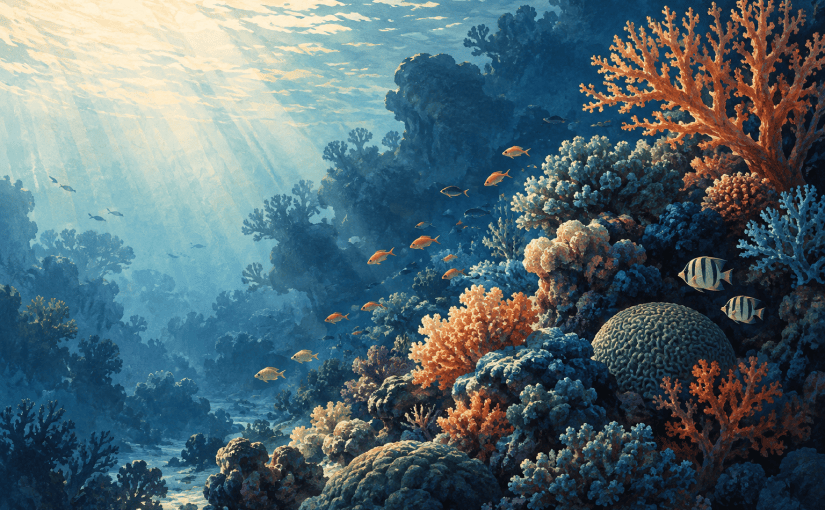 Ilustración conceptual de un arrecife con corales y peces bajo luz azul. Creada con inteligencia artificial; no representa nuestro acuario.